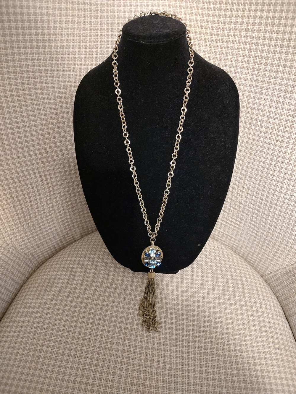 Gold-Tone Long Necklace with Blue Crystal Pendant and Tassel